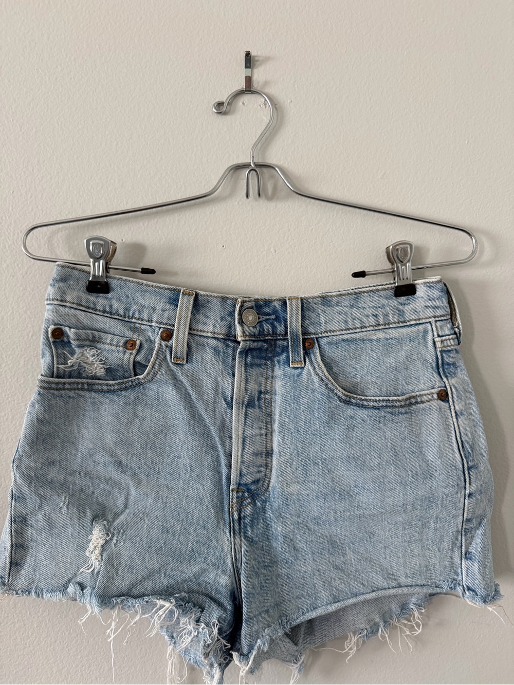 Levi's Light Wash Frayed Denim Shorts